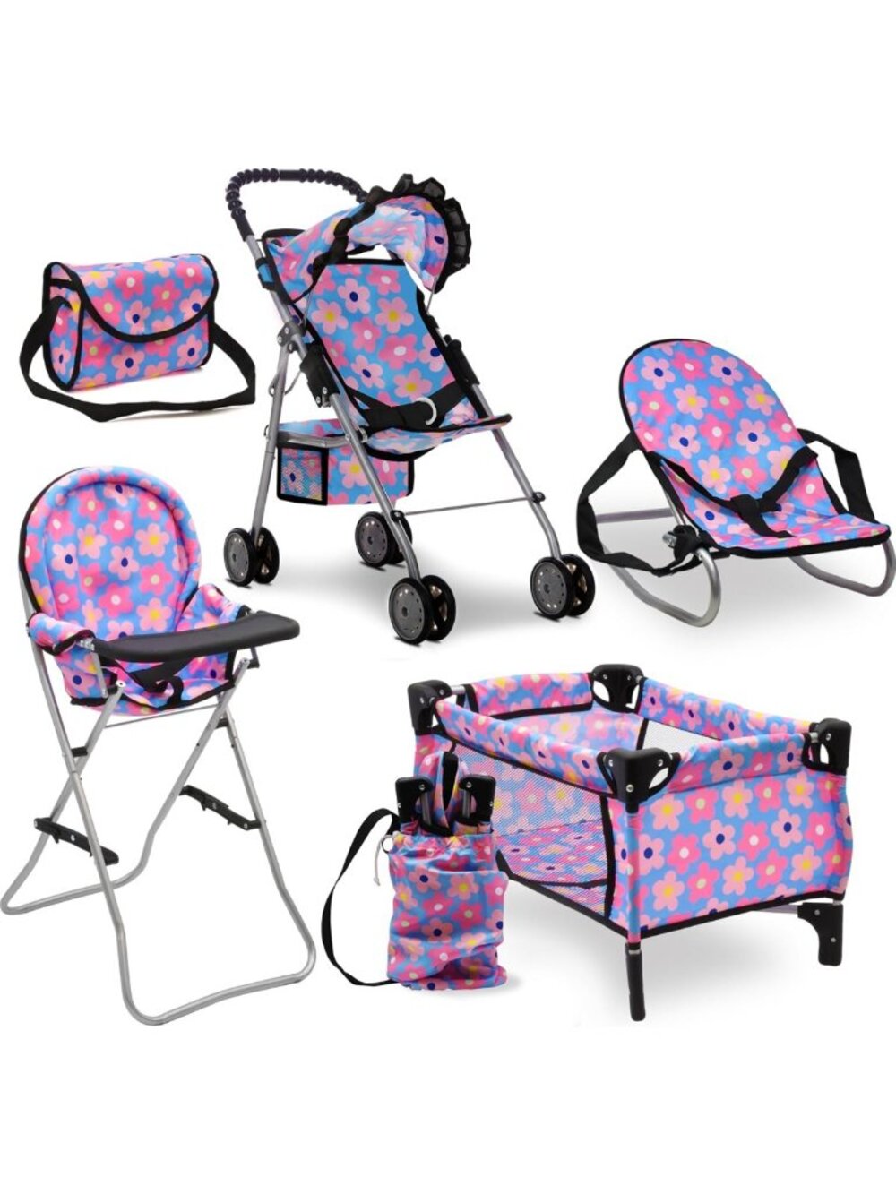 Deluxe Baby Doll Stroller & High Chair Playset with Diaper Bag - Nursery